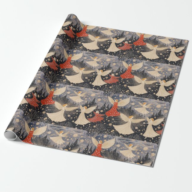 Christmas Angels in Starry Sky Wrapping Paper (Unrolled)