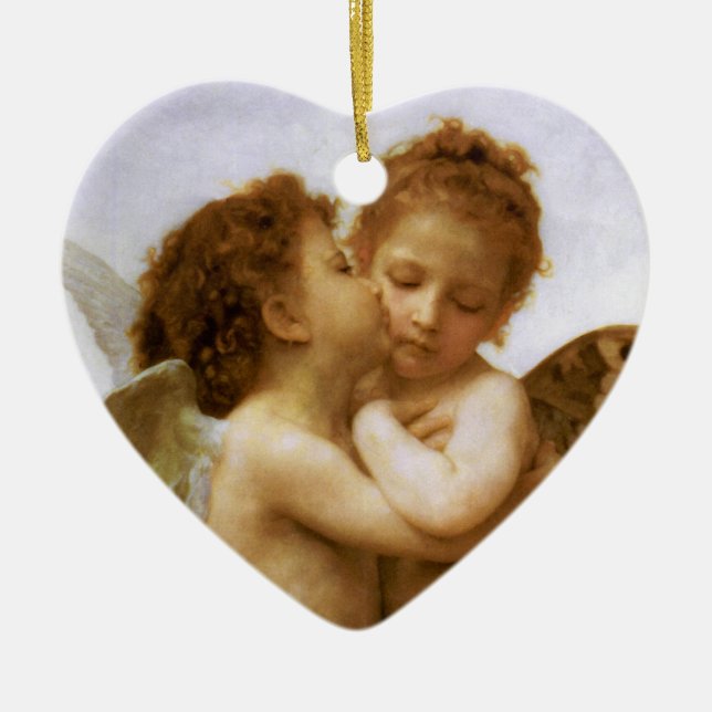 Christmas Angels Kiss, Bouguereau Ceramic Ornament (Front)