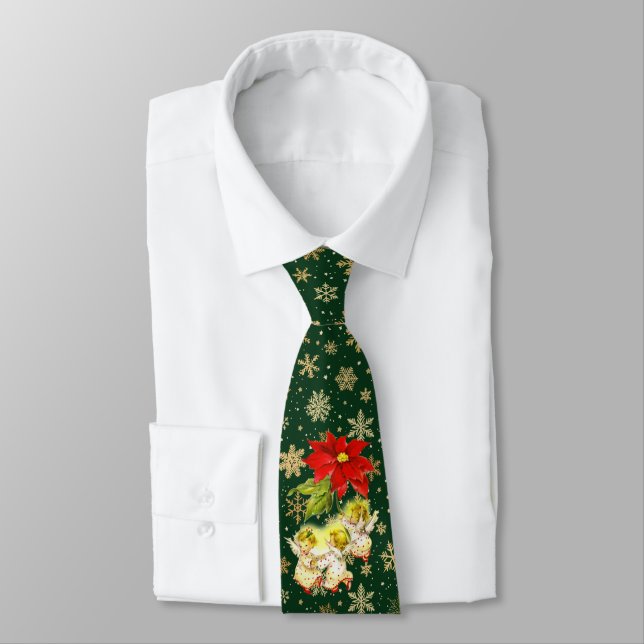 Christmas Angels on Green with Gold Snowflakes Neck Tie (Tied)