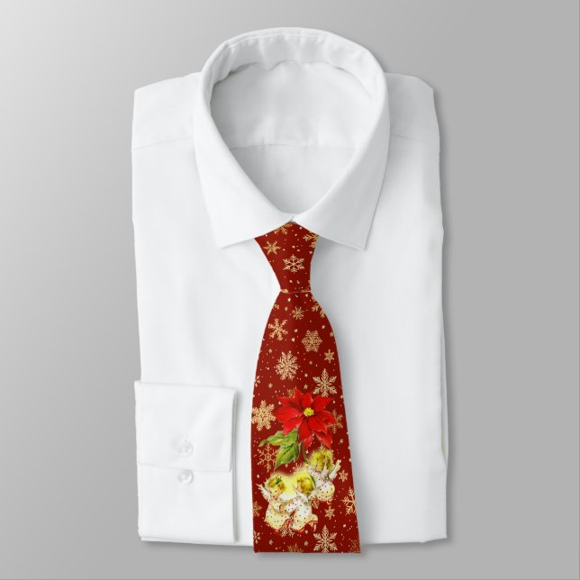 Christmas Angels on Red with Gold Snowflakes Neck Tie (Tied)