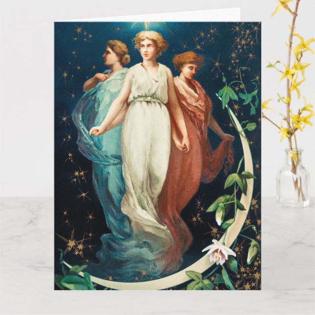 Christmas angels, stars, women, the moon  holiday card (Yellow Flower)