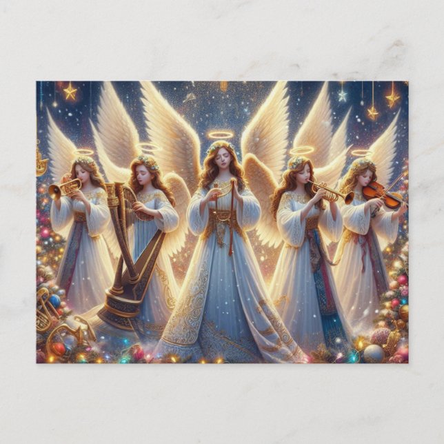 Christmas angels with music instruments  holiday postcard (Front)