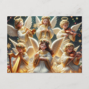 Christmas angels with music instruments holiday postcard