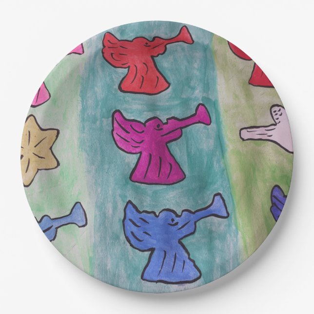 Christmas Angels With Trumpets Paper Plates (Front)