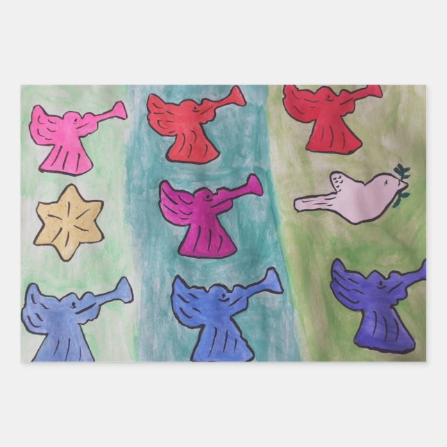 Christmas Angels With Trumpets Wrapping Paper Sheets (Front)