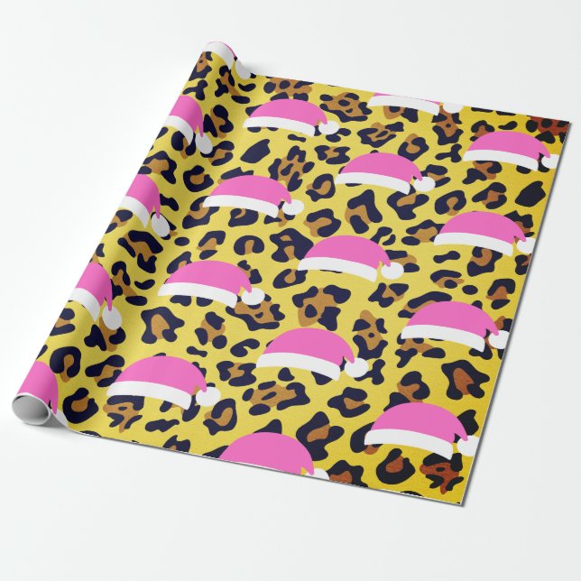 Christmas Animal Print with Pink Santa Hats Wrapping Paper (Unrolled)