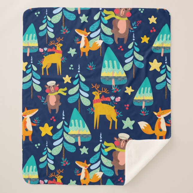 Christmas animals and Christmas trees pattern Sherpa Blanket (Front)
