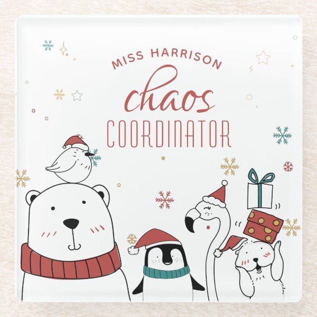 Christmas Animals Chaos Coordinator Personalized Glass Coaster (Front)
