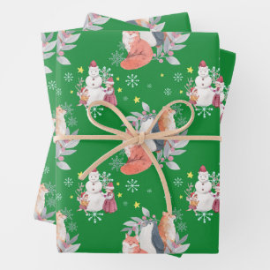 Christmas Animals, Children and Snowman Green  Wrapping Paper Sheets