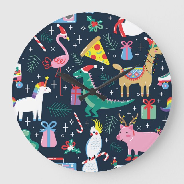 Christmas Animals, Cute Seamless Design. Large Clock (Front)