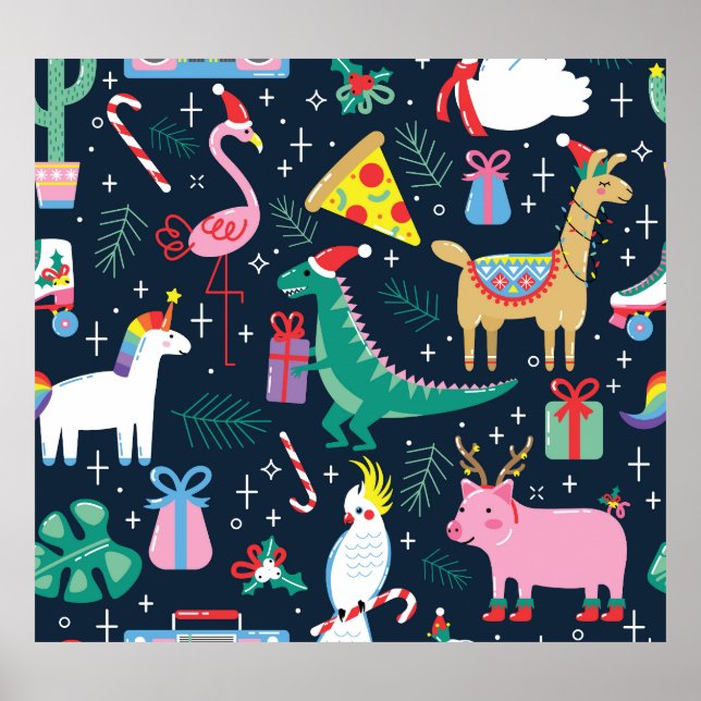 Christmas Animals, Cute Seamless Design. Poster (Front)