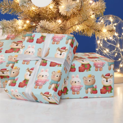 Christmas Animals in Festive Outfits Pattern Wrapping Paper