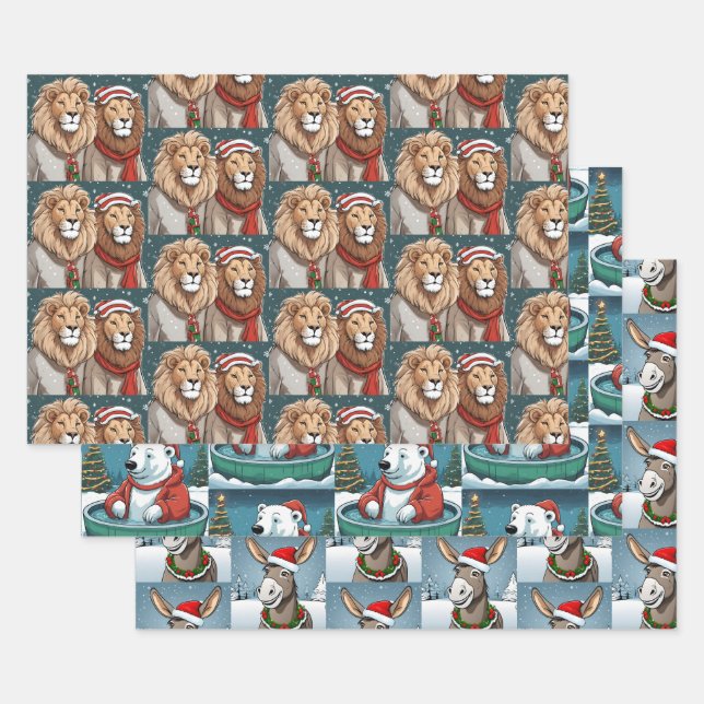 Christmas Animals, Lion, Polar Bear & Donkey Wrapping Paper Sheets (Set)
