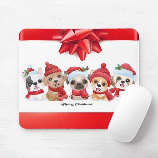 Christmas Animals Mouse Pad (Illustration of five cartoon dogs wearing Christmas hats and scarves.)