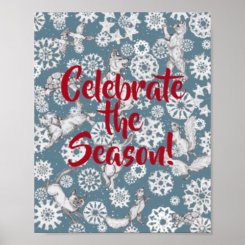 Christmas Animals Snowflakes Cute Blue Holiday Poster