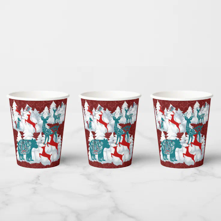 Christmas Animals with Snow Capped Trees Paper Cups | Zazzle