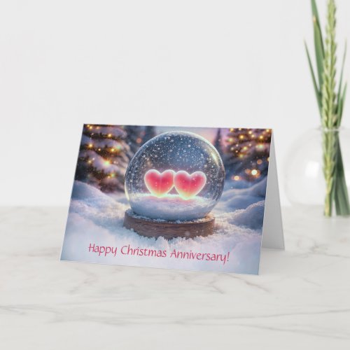 Christmas Anniversary with Two Hearts Snow Globe Card