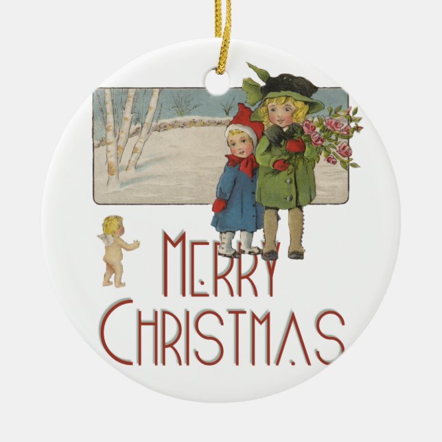 Christmas Antique Children Illustration 1920  Ceramic Ornament (Front)