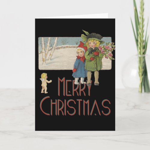 Christmas Antique Children Illustration 1920  Holiday Card