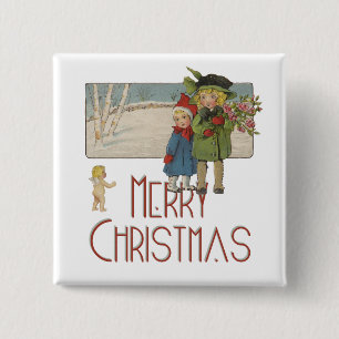 Christmas Antique Children Illustration 1920 Pinback Button