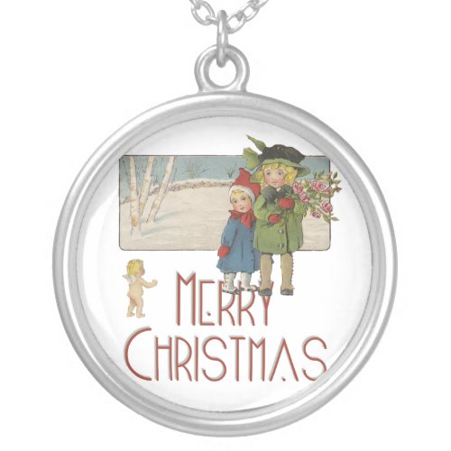 Christmas Antique Children Illustration 1920  Silver Plated Necklace