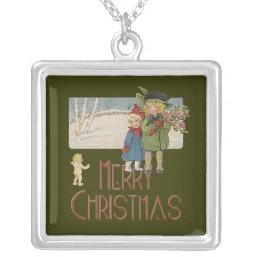 Christmas Antique Children Illustration 1920  Silver Plated Necklace