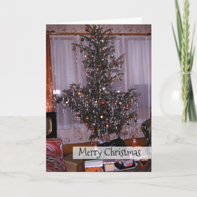 Christmas Antique Pine Tree with Tinsel and Gifts Holiday Card (Front)