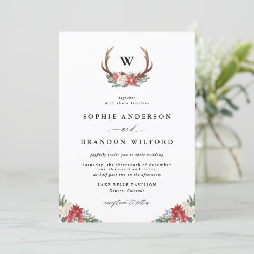 Christmas Antler Wreath Monogram Winter Wedding Invitation