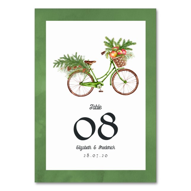 Christmas Apples and Pines Bicycle Winter Wedding Table Number (Front)