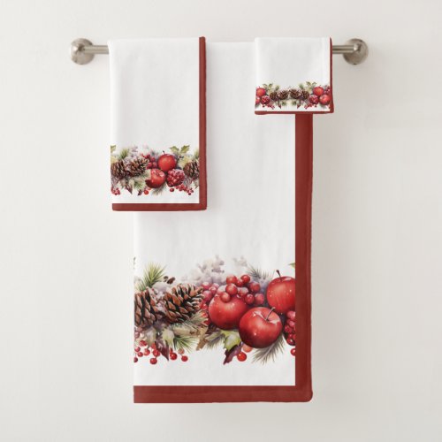 Christmas Apples Pine Cones Holly Berries Bath Towel Set