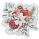 Christmas Apples, White Flowers Rustic Bouquet Sticker<br><div class="desc">Christmas white flower bouquet with red apples,  berries,  pinecones,  and evergreens.</div>