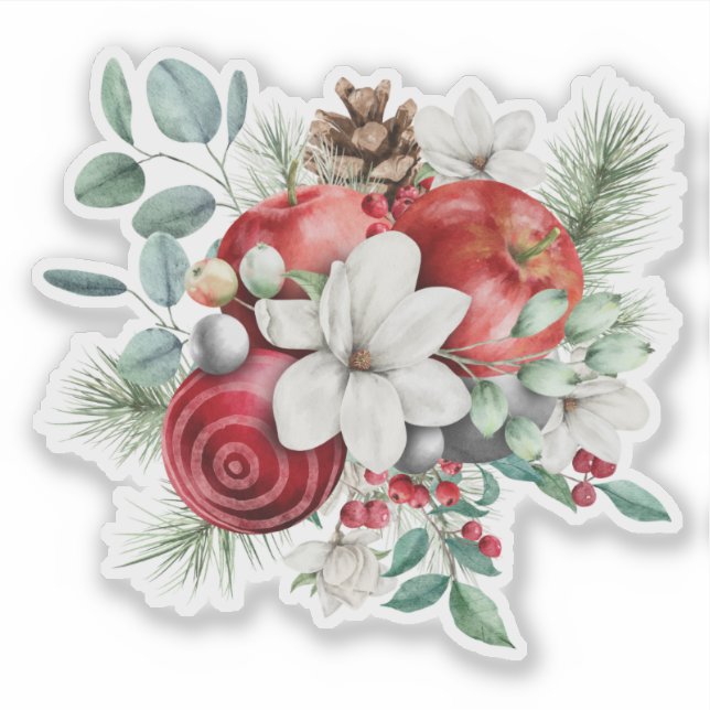 Christmas Apples, White Flowers Rustic Bouquet Sticker (Front)