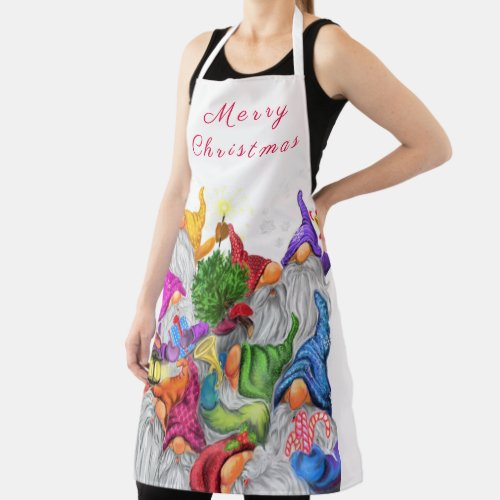 Christmas Apron with Happy Gnomes Party