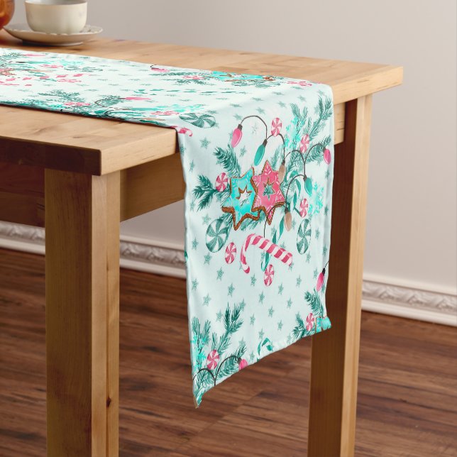 Christmas Aqua Blue pink Cookie Festive   Short Table Runner (In Situ)