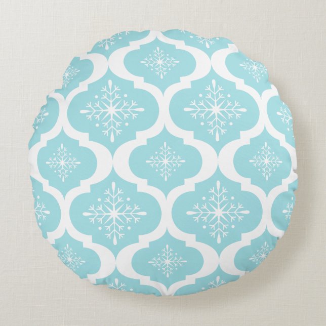 Christmas Aqua Blue Snowflakes Lattice Pattern Round Pillow (Front)
