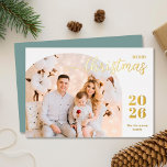 Christmas arch 1 photo modern minimalist blue gold foil holiday card<br><div class="desc">Elegant and modern Christmas greeting card featuring a minimalist design displaying your favorite family picture inside a trendy arch frame. Easily customize with your name and the current year in stylish gold foil serif fonts.</div>