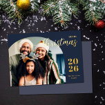 Christmas arch 1 photo modern minimalist gold foil holiday card<br><div class="desc">This elegant and modern Christmas greeting card features a minimalist design displaying your favorite family picture inside a trendy arch frame. Easily customizable with your family name and the current year in stylish gold foil serif fonts over a classic blue background.</div>