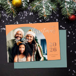 Christmas arch 1 photo modern minimalist gold foil holiday card<br><div class="desc">This elegant and modern Christmas greeting card features a minimalist design displaying your favorite family picture inside a trendy arch frame. Easily customizable with your family name and the current year in stylish rose gold foil serif fonts over a light shade of orange.</div>