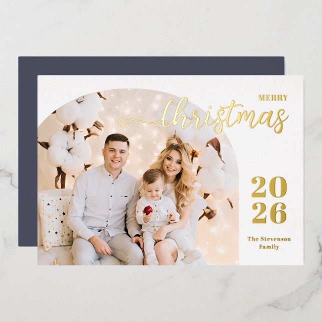 Christmas arch 1 photo modern minimalist grey foil holiday card (Front/Back)