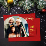 Christmas arch 1 photo modern minimalist red foil holiday card<br><div class="desc">This elegant and modern Christmas greeting card features a minimalist design displaying your favorite family picture inside a trendy arch frame. Easily customizable with your family name and the current year in stylish gold foil serif fonts over a classic festive red background.</div>