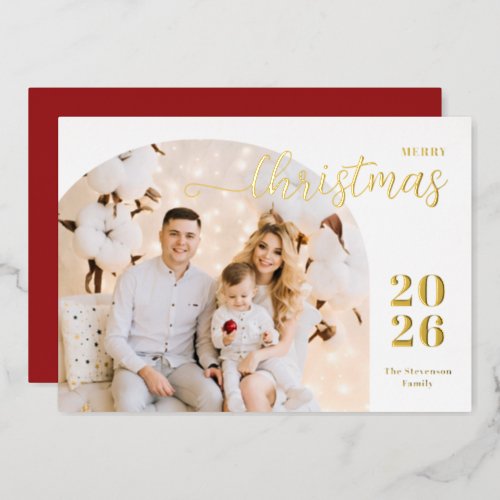 Christmas arch 1 photo modern minimalist red gold foil holiday card