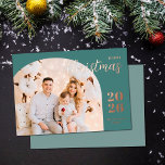 Christmas arch 1 photo modern minimalist teal foil holiday card<br><div class="desc">Elegant and modern Christmas greeting card featuring a minimalist design displaying your favorite family picture inside a trendy arch frame. Easily customize with your name and the current year in stylish rose gold foil serif fonts.</div>