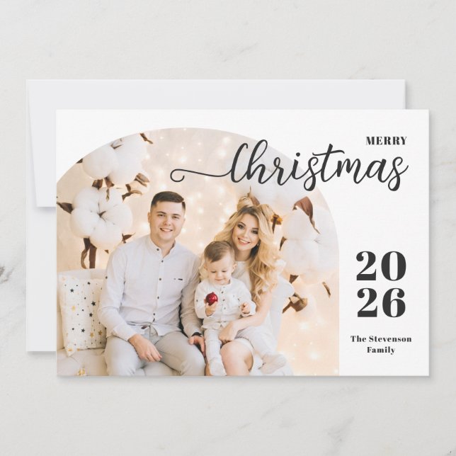 Christmas arch 2 photos modern minimalist blue holiday card (Front)