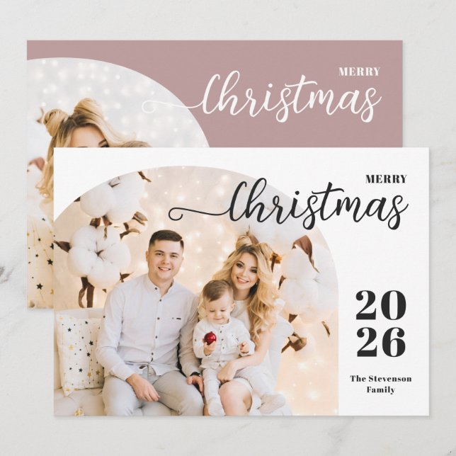 Christmas arch 2 photos modern minimalist mauve holiday card (Front/Back)