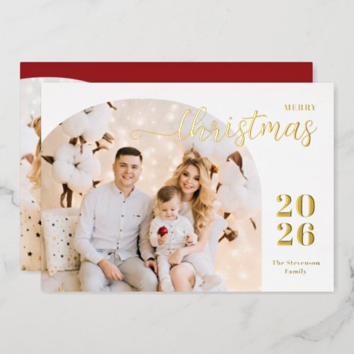 Christmas arch 2 photos modern minimalist red gold foil holiday card