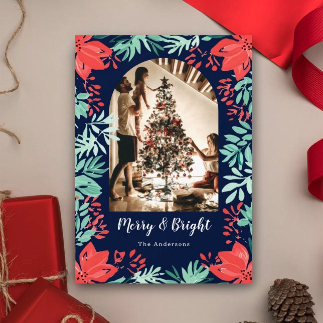 Christmas Arch Photo Blue Botanical Floral  Holiday Card (Creator Uploaded)