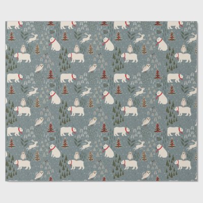 Christmas arctic animals polar bear on blue grey wrapping paper