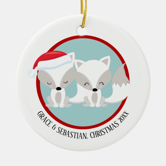 Christmas Arctic Foxes Personalized Ceramic Ornament (Front)