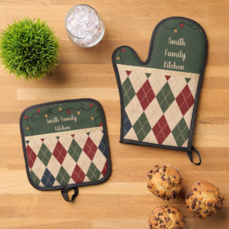 Christmas Argyle Apron Oven Mitt & Pot Holder Set