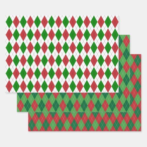 Christmas Argyle White Green and Red Wrapping Paper Sheets